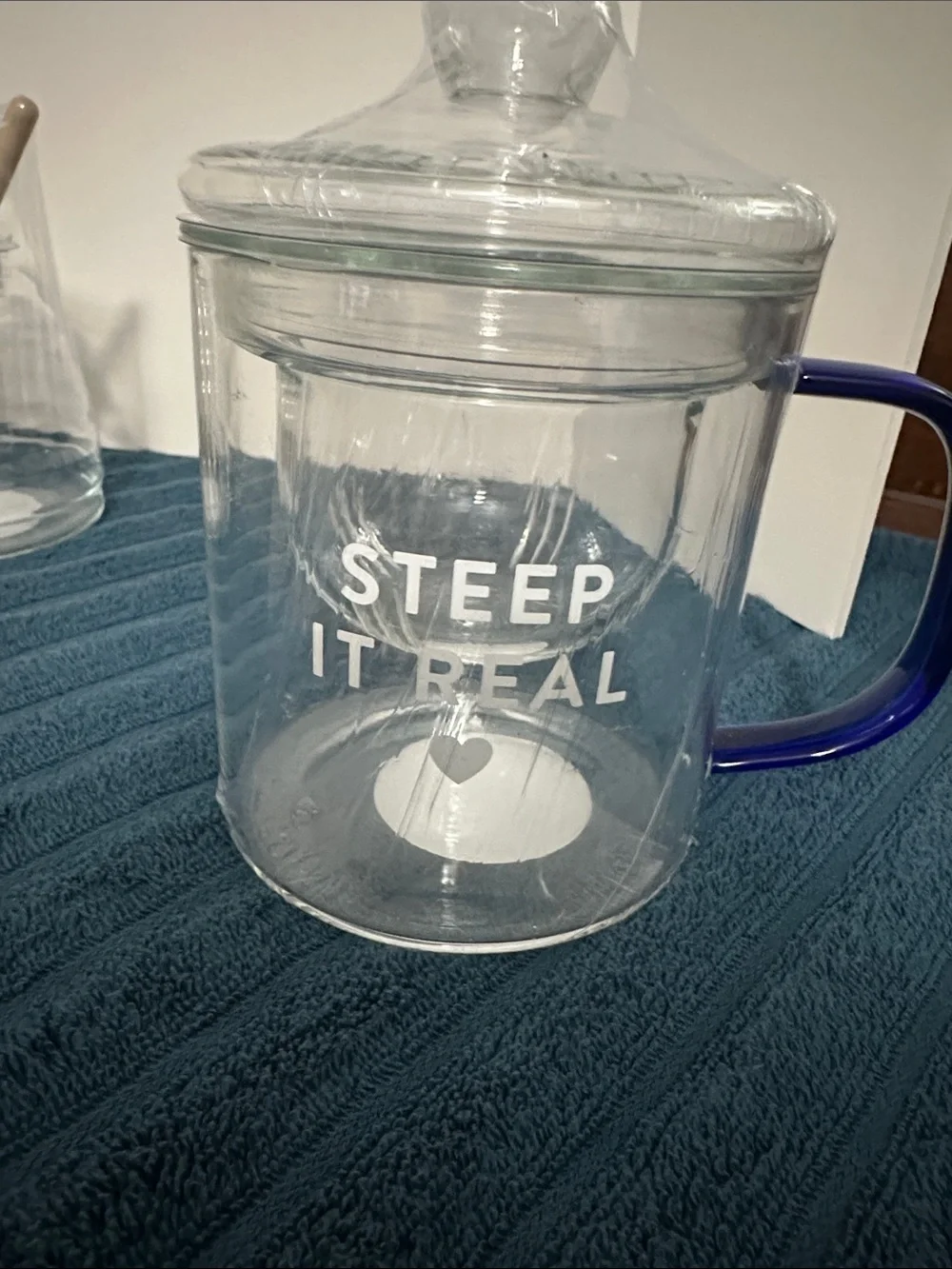 Glass Tea Steeper with Lid and Blue Handle - "Steep It Real", glass honey keeper - Picture 5 of 8